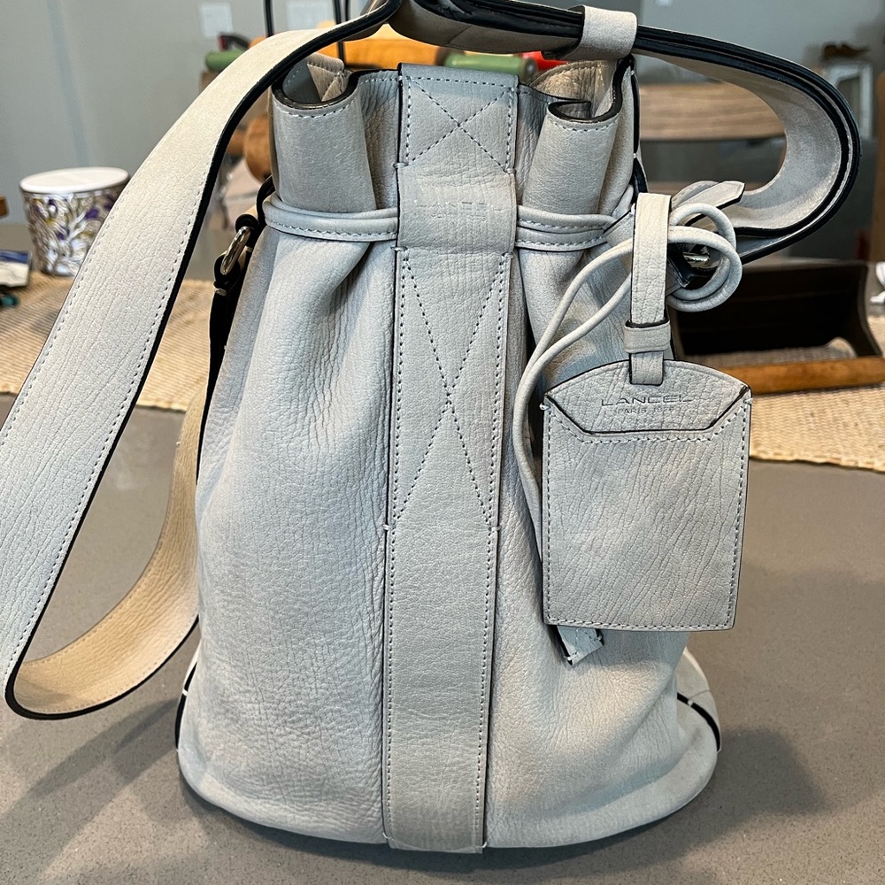 Lancel Gray Leather/Suede Shoulder Bag with Drawstring Closure